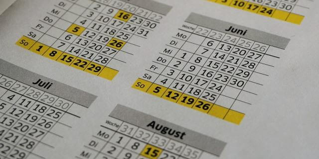 Calendario de los meses de mayo, junio, julio y agosto.