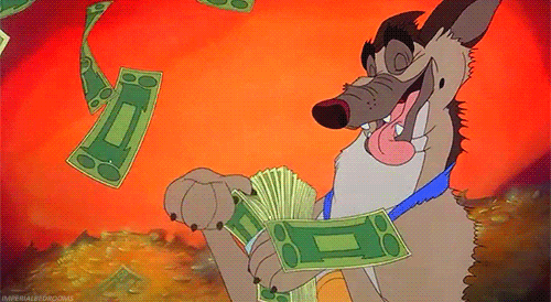 un perro contando dinero y contento