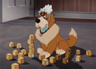 imagen de un perro de dibujos animados tirando unos cubos 