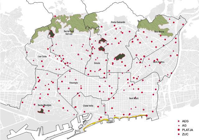 Plano de Barcelona con las zonas para llevar a los perros sueltos.