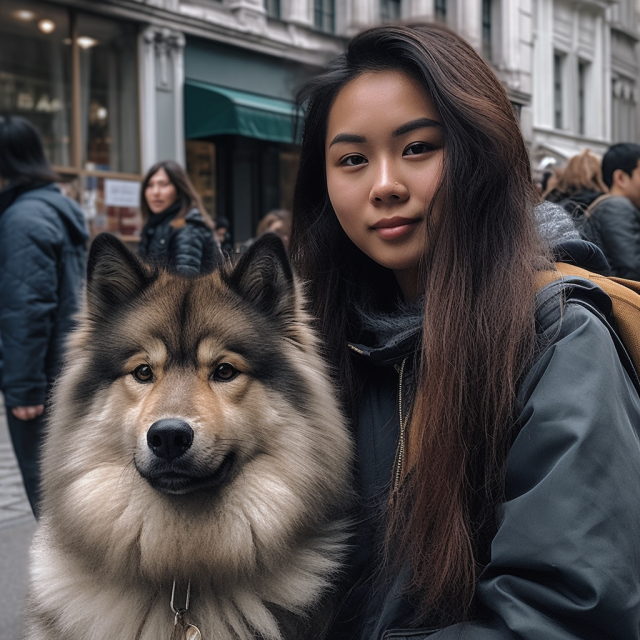 chica con perro Keeshond