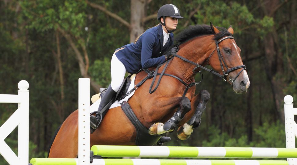 Amazona y caballo superando un obstáculo durante una competición de Salto